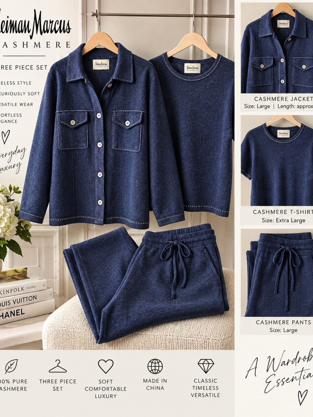 Neiman Marcus 100% Cashmere 3-Pc Set Jacket Top Pants Navy Blue L and XL